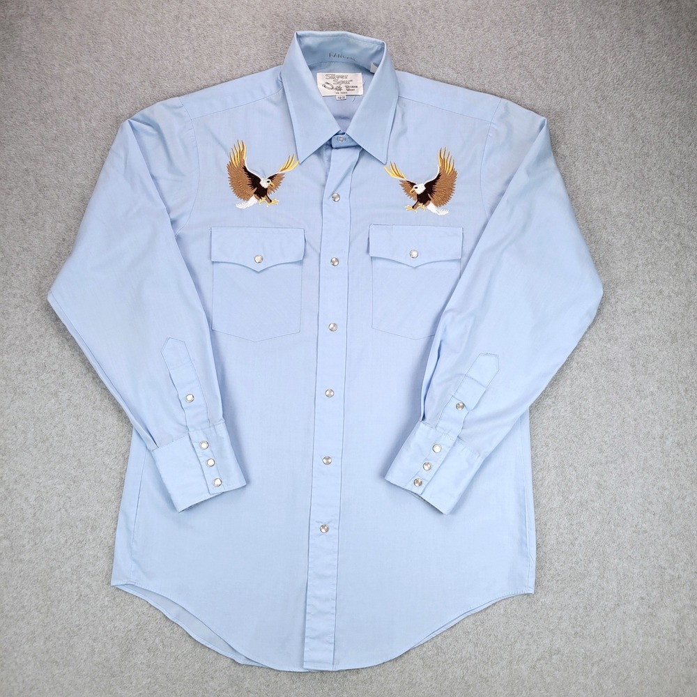 Silver Spur Western Shirt Mens‎ 15.5-33 Blue Embroidered Eagle Pearl Snap